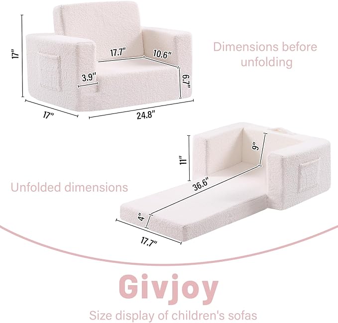 Toddler Chair Sherpa Kids Couch, 2-in-1 Soft Kids Sofa Lounger for Bedroom, Convertible Couch for Girls and Boys, Reading Chair, Beige