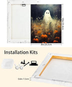 Halloween Canvas Wall Art, Spooky Ghost in Pumpkin Patch Poster, Vintage Gothic Fall Decor, Dark Academia Fall Decor for Living Room, Framed Indoor Halloween Decorations