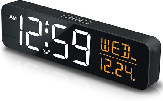 Peakeep Digital Alarm Clock Large Display for Bedrooms with Calendar, Auto DST, Desk Clock Electric Plug in for Living Room, Battery Backup, USB Port, 5 Dimmers