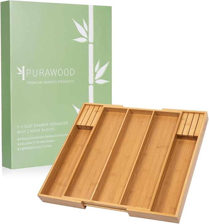 Purawood Kitchen Drawer Organizer with Knife Blocks - Utensil Drawer Organizer for Kitchen, Cutlery Tray & Silverware Organizer, 3-5 Slots - Bamboo Organizer for Utensils & Flatware (Natural)