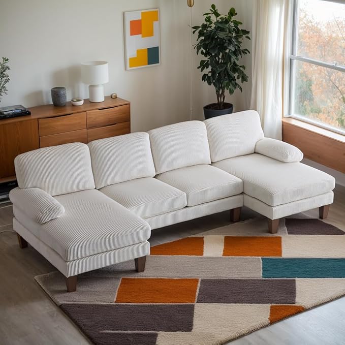 Karl home U-Shape Sectional Sofa Couch 111" Modern 4-Seat Sofa with Chaises Corduroy Fabric Upholstered Covertible Couch with Wood Grain Legs for Living Room, Reception Room, Apartment, Beige