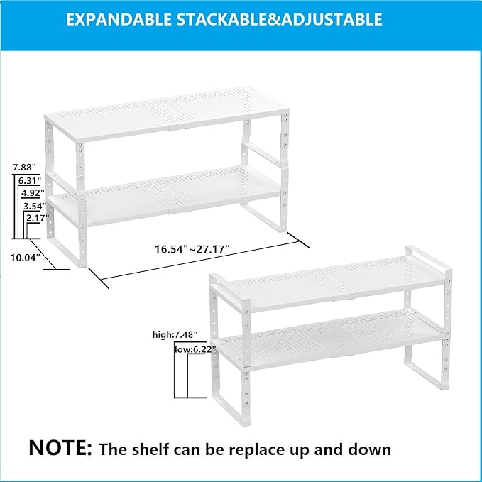 Expandable,Adjustable & Stackable Spice Rack, Cabinet Kitchen Countertop Shelf Organizer,Metal Pantry Storage Shelves - Space-Saving Storage Solution(2Packs/White/Large)