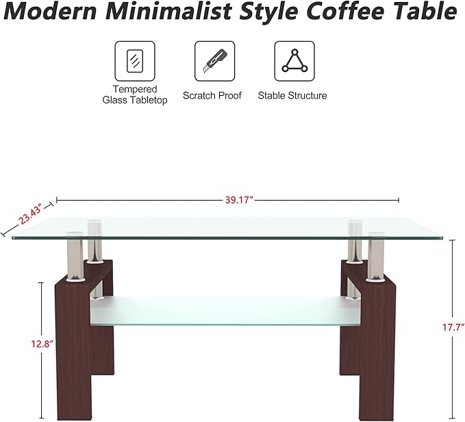 Glass Coffee Table for Living Room, Mordern Sofa Center Tables with Storage, Brown Metal Leg, Rectangle Tempered Glass Center Table Home Furniture