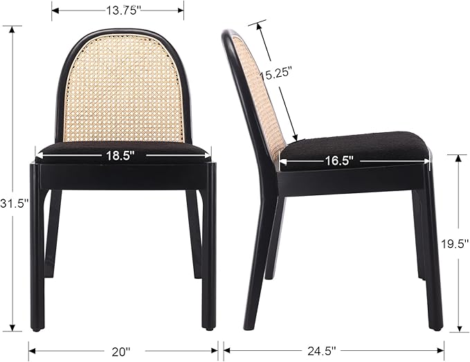 Mid Century Dining Chairs Set of 2, Accent Rattan Sherpa Fabric Side Chairs Kitchen Chair with Solid Wooden Legs for Living Room Dining Room, Black