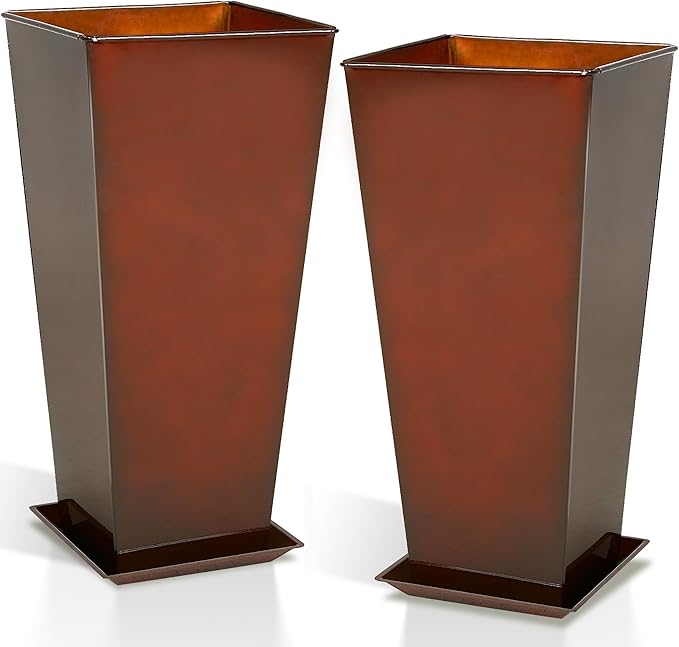 WORTH Garden 25" Large Metal Glazed Planter Set of 2, Luxurious Glossy Finish Red Tall Square Tapered Steel Plant Pots, Decor Flower Pot Indoor & Outdoor, Drainage Hole & Dual-Purpose Plant Saucer