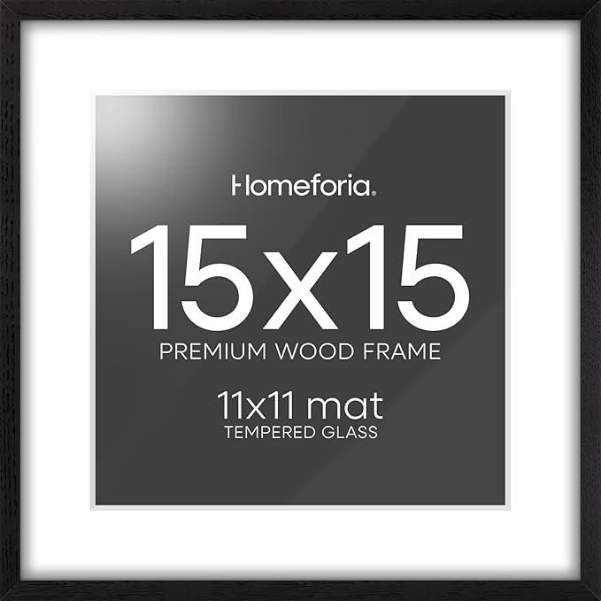 Homeforia 15x15 Black Wood Frame, High End Oak 15 x 15 Square Picture Frames with Mat 11 by 11 inches Photo, 15by15 Black Wooden Poster Frames Matted to 11x11 Print, Tempered Glass, Wall Kit, Set of 1