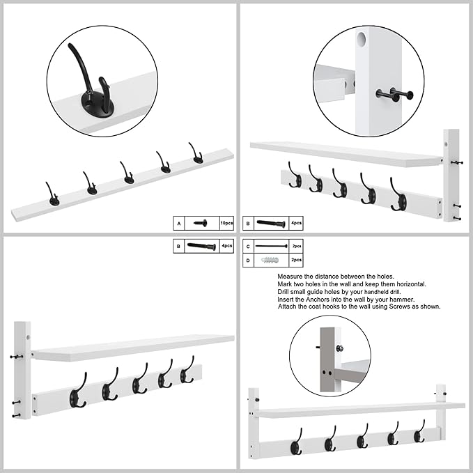 AMBIRD Wall Hooks with Shelf | Entryway Hanging Wood Coat Hooks | Wall-Mounted Rack with 5 Dual Hooks | Bathroom, Living Room, Bedroom (Modern).