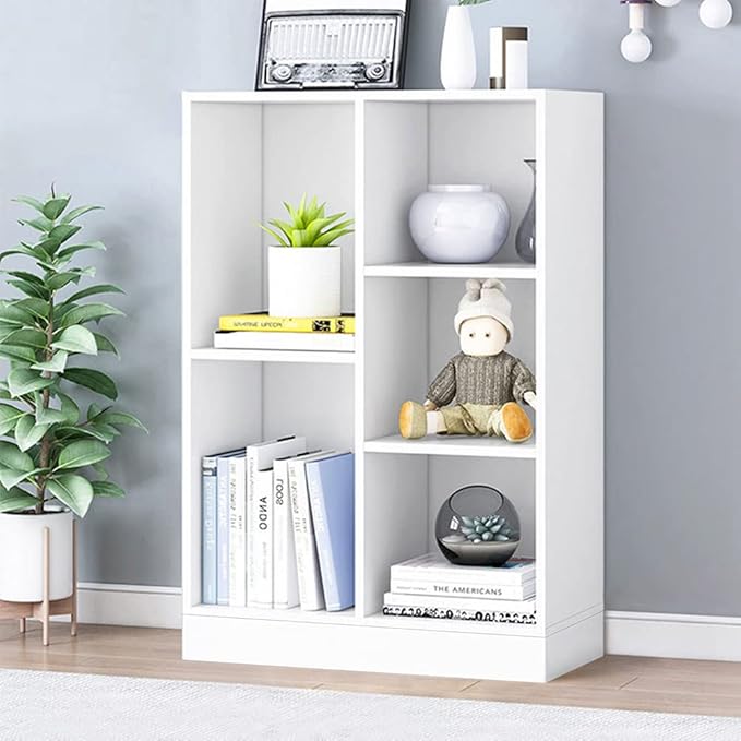 IOTXY Open Shelf Low Bookcase - Wooden 3-Tier Floor Standing Display Cabinet Organizer with Base, 5 Cubes Short Horizontal Bookshelf in Warm White