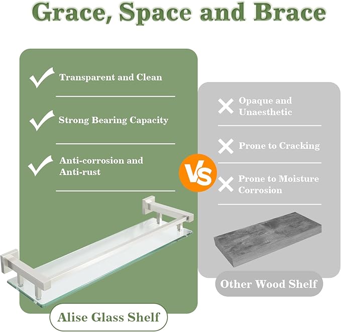 Alise Bathroom Shelves,Brushed Nickel Glass Shelf for Bathroom, Modern Floating Shelves,20 inch