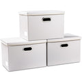 PRANDOM Large Stackable Storage Bins with Lids [3-Pack] Leather Fabric Foldable Storage Boxes Organizer Containers Baskets Cube with Cover for Bedroom Closet Office Nursery White (17.7x11.8x11.8)