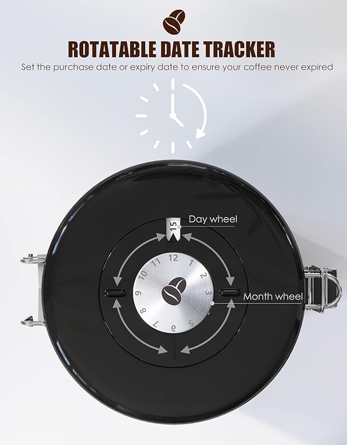 HAIOOU Airtight Coffee Canister, 16OZ Small Stainless Steel Coffee Bean Storage Container with Date Tracker, Measuring Scoop, CO2 Releasing Valves and Mini Tongs for Beans, Grounds and more - Black