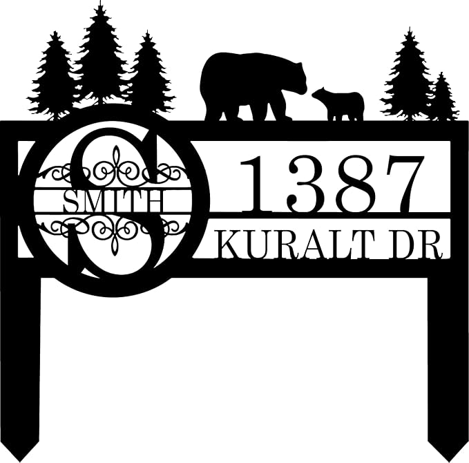 Personalized Custom Bear Wildlife Decor with Metal Stake - Address House Number Name Sign for Farmhouse, Yard, Camping