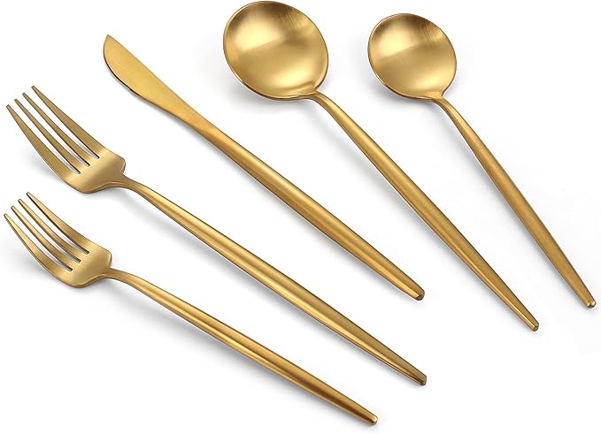 Matte Gold Silverware Set, 40-Piece Stainless Steel Flatware Set, Tableware Cutlery Set Service for 8, Satin Finish Utensils Set, Knife Fork Spoon Set for Home and Restaurant, Dishwasher Safe