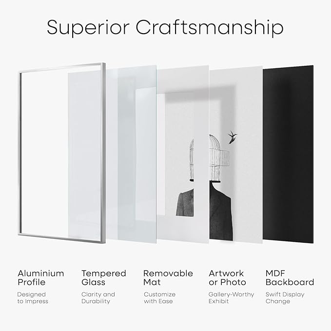 Homeforia 24x24 Silver Picture Frame, High End Metal 24 x 24 Large Square Silver Frames with Mat 20 by 20 inch Photo, 24by24 Thin Poster Frame Matted to 20x20 Print, Tempered Glass, Wall Kit, Set of 1