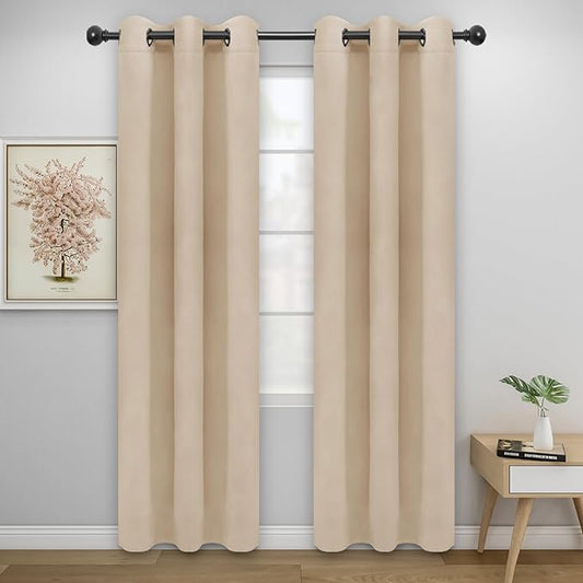 Easy-Going Blackout Curtains for Bedroom, Solid Thermal Insulated Grommet and Noise Reduction Window Drapes, Room Darkening Curtains for Living Room, 2 Panels (34x72 in, Beige)