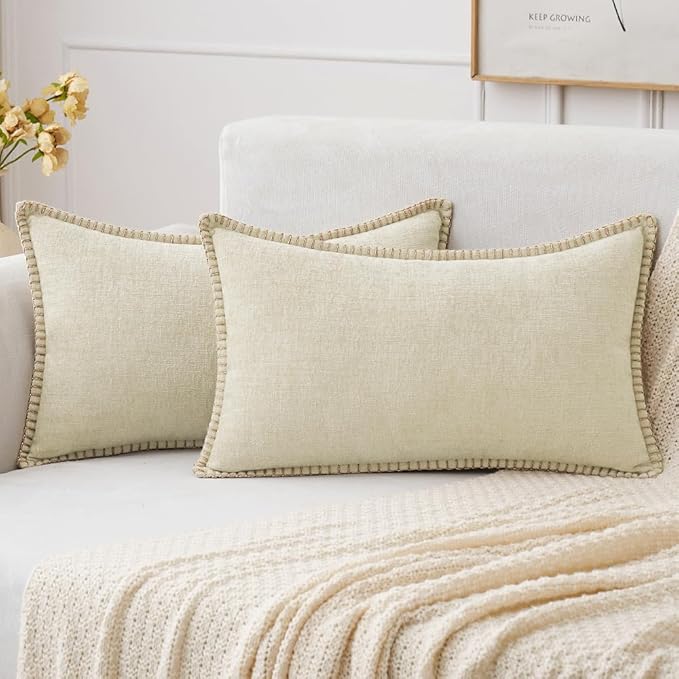 MIULEE Pack of 2 Christmas Pillow Covers 12x20 Inch Cream White Farmhouse Decorative Throw Pillow Covers with Stitched Edge Soft Chenille Solid Dyed Couch Pillow Covers for Sofa Bed Living Room