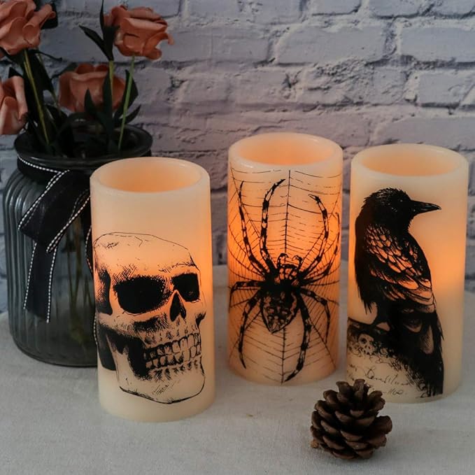 Wondise Halloween Flickering Flameless Candles with 6hrs Timer, Battery Operated LED Real Wax Candles Set of 3 Skull, Spider Web, Crow Raven Decals Halloween Home Decoration Gifts(3 x 3 x 6 Inch)