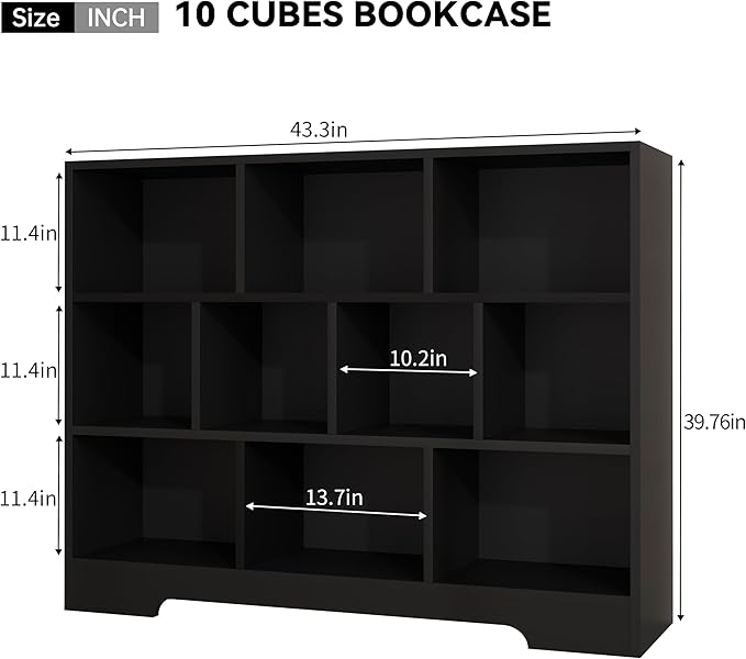 Book Shelf Set of 2, 10 Cubes Storage Organizer, 3-Tier Open Bookshelf Wooden Bookcase, Freestanding Black Bookshelf Cube Shelf for Bedroom, Living Room, Home Office