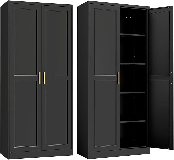 Kitchen Pantry Cabinet,71”Black Metal Pantry Storage Cabinet with Doors and 4 Adjustable Shelves,Kitchen Cabinet with 2 Gold Handles,Tall Cabinet for Livingroom,Pantry, Bathroom