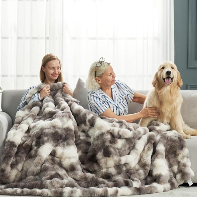 Cozy Bliss Faux Fur Throw Blanket for Couch, Fuzzy Soft Plush Thick Bubble Blanket for Sofa Bedroom Living Room, 108 * 90 Inches Tie Dye Taupe