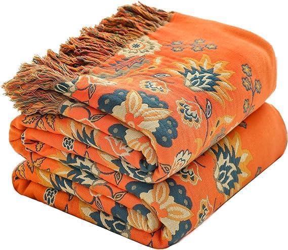 Fall Throw Blanket for Couch Bed Chair,100% Cotton Soft Lightweight Blanket Rustic Quilt -Orange Floral Printed Farmhouse Decor Bed All Season Blankets,60"×80"