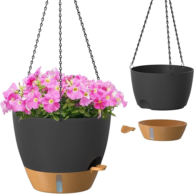 ZMTECH 12 Inch Hanging Planters for Indoor Outdoor Plants, 2 Pack Self Watering Hanging Plant Pots with Drainage Hole, Visual Reservoir, Plastic Flower Hanging Pots with Watering Lip (Black)