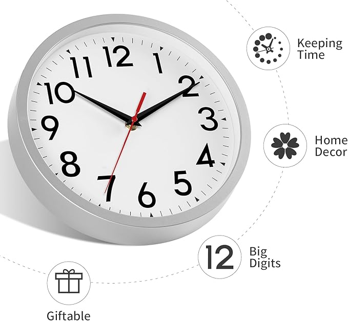 Wall Clock Modern Battery Operated 10 Inch Simpel Silent Non Ticking Decorative for Kitchen Office Outdoor Bedroom Living Room School Classroom(Silver)