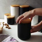Ceramic Food Storage Jar Canister Modern Design Food Canisters with Airtight Seal Bamboo Lid, Loose Tea Coffee Spice Nuts Snacks Storage Jar Canister (Black 8.79oz/260ml)
