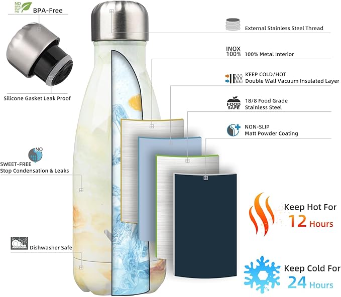 Insulated Water Bottles,12 oz Double Wall Stainless Steel Vacumm Metal Flask for Sports Travel,Marble Jade