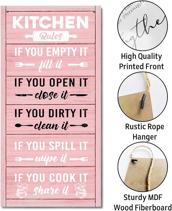 Hanging Kitchen Rules Wood Decor Sign, Rustic Kitchen Wooden Signs, Printed Wood Wall Art Sign, Kitchen Door Rules Rustic Sign, Hanging Wood Sign Kitchen Decor, Funny Farmhouse Kitchen Wall Décor F1