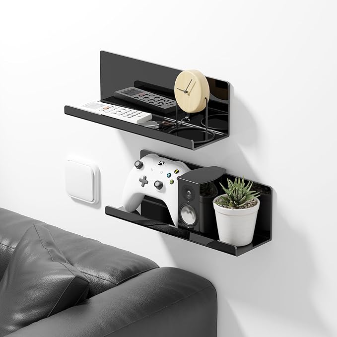 Acrylic Floating Shelves for Wall No Drilling, Self Adhesive Space-Saving Shelves, 12 Inch Floating Shelf Stick on Wall Shelf, for Bathroom, Kitchen, Bedroom, Office, Gaming Room, Black