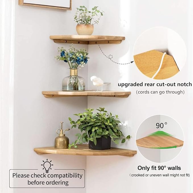 Corner Shelf, Solid Oak Wood Floating Corner Shelf Wall Mount Round End Floating Speaker Shelves with Wire Hole for Small Plant Photo for Bedroom Kitchen, Living Room