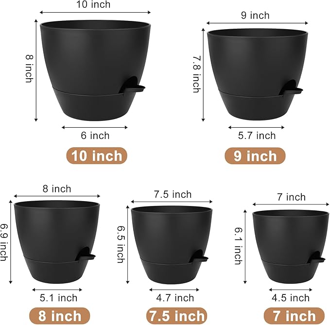 Plant Pots 10/9/8/7.5/7 Inch Self Watering Pots, Set of 5 Plastic Planters with Drainage Holes and Saucers,Plastic Flower Pots,Nursery Planting Pot for Indoor Out Door Plants(All Black)