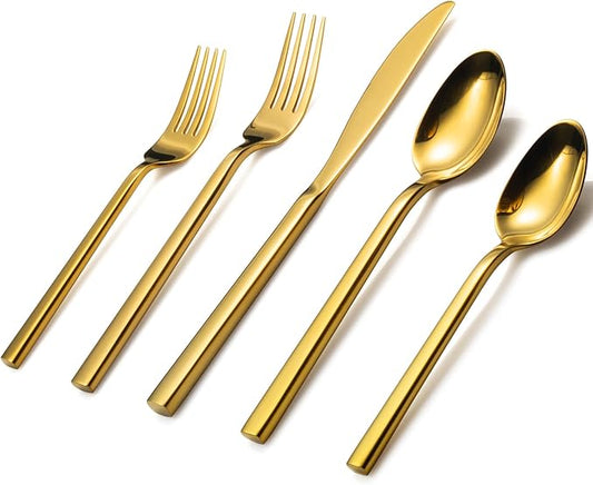 Alata Cube Gold 20-Piece Flatware Set, Forged Cutlery Set, Mirror Finish Silverware Service for 4, Stainless Steel Tableware with Square Handle for Home/Restaurant, Dishwasher Safe
