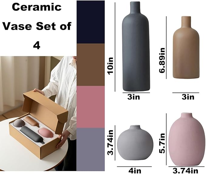 Modern Ceramic Vase Set, Neutral Colors, Decorative Vases for Home Shelf Decor, 4 Piece Collection (Black Mix Set 4)