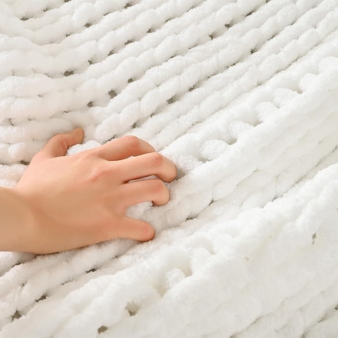 Esterra 100% Hand Knitted Chenille Throw Blanket, 50"x60", White, Polyester, Chunky Knit, Throw Blanket, 50x60 Inches