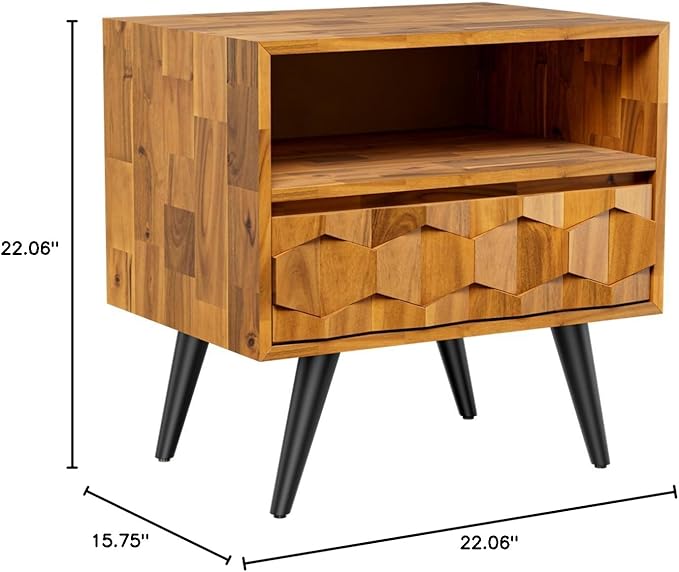 Bme Georgina Solid Wood Nightstand With 1 Drawer & Open Shelf- Fully Assembled Mid Century Modern Side Table - Geometric Pattern Bedside Dresser for Bedroom and Living Room