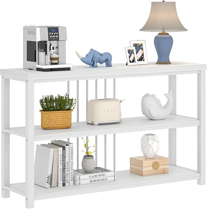 FOLUBAN Modern Sofa Console Table for Entryway, 3 Tier Wood Foyer Table for Hallway Living Room Behind Couch, White Oak