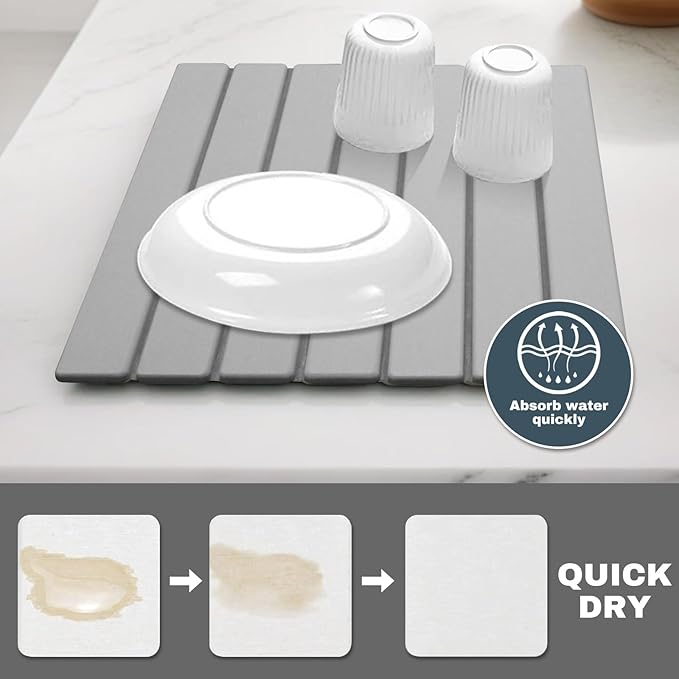 Large Stone Dish Drying Mats for Kitchen Counter, Quick Dry Absorbent Collapsible Dish Drying Mat,Diatomaceous Earth Mats for Dishes Bottles Cups,Match Any Countertop,Grey 16 * 12inch