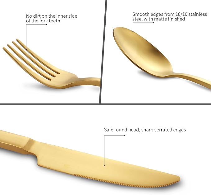 Stainless Steel Flatware Set Hand Forged 18/10 Silverware Set Cutlery Set Gold Cuboid Handle Matte Finished 40 Pieces Service for 8