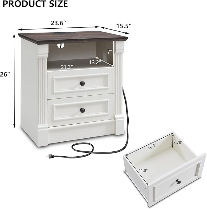 26" Tall Farmhouse Night stand Set of 2, 2 Drawers End Table w/Charging Station, 23.6" Wide Wood Side Table w/Roman Column, Large Rustic Sofa Table w/Open Shelf, Bedside Table for Bedroom, White