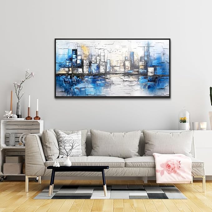 ZUITINGHUA Large Black Framed Wall Decor For Living Room Canvas Wall Art For Office Modern Wall Decorations For Bedroom Blue Landscape Paintings Abstraction Pictures Artwork Home Decor 24x48 In