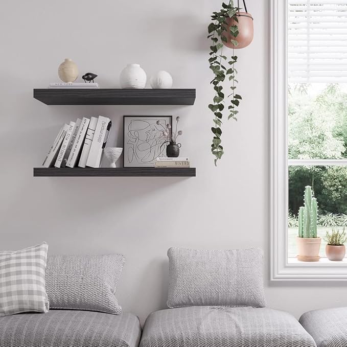 Floating Shelf, Set of 2 Wall Shelf, 36 in W x 12.75 in D x 2 in H Wooden Floating Wall Shelf with Invisible Brackets for Living Room/Bedroom/Bathroom/Kitchen Storage and Decor, Black Wood