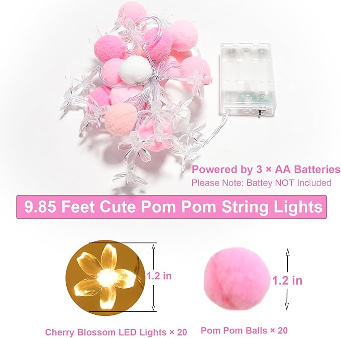 9.85Ft Fairy Lights 20 Cute Pink Pompoms 20 LEDs Cherry Blossom String Garland Battey Operated with Timer Flower Lights for Bedroom Kids Room Party Birthday Wedding Valentines Decoration