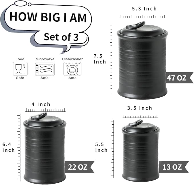 Nihow Food Storage Jar Sets: Ceramic Container with Air Tight Lid for Flour/Sugar/Rice/Coffee/Cookies/Candy - Seal Damp-proof Canister for The Kitchen - Set of 3 （Matte Black）