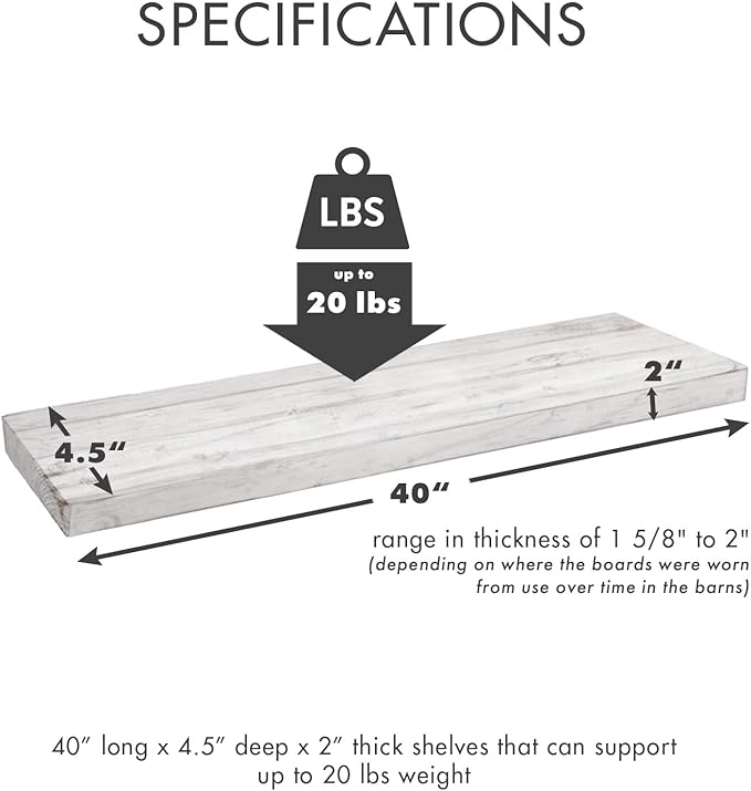 Urban Legacy Reclaimed Barnwood Planks | Floating Shelves for Wall w/Flush Mount Shelf Bracket Set Included | Set of 2 (White Wash, 40"x 4.5"x 2")
