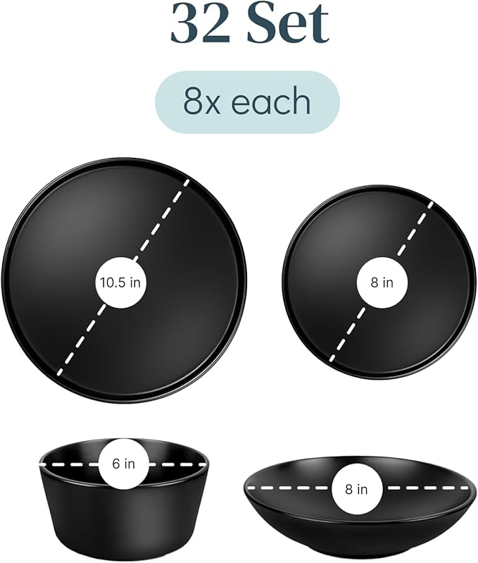 Matte Black Dinnerware Set - 32-Piece Stoneware Set for 8 People - Dishwasher & Microwave Safe - Black Matte