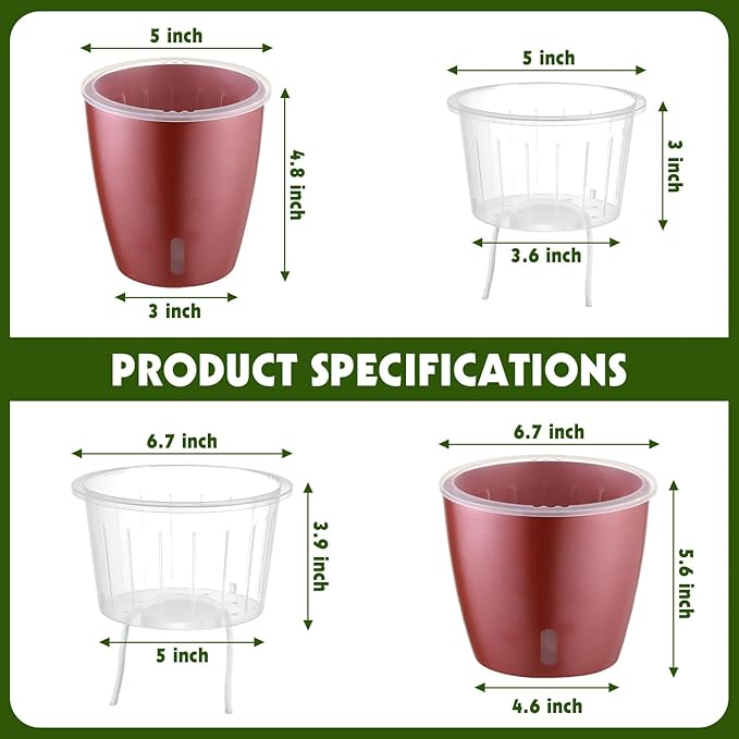 Self Watering Pots for Indoor Plants, 4-Pack 6.7'' Self Watering Planter with Drainage Holes, Small African Violet Pots with Water Indicator, Clear Wick Orchid Pot, Rose Gold