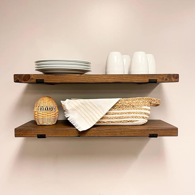Rustic Shelves with J-Brackets Set of 2, Industrial Shelf, Kitchen Shelves, Solid Wood, Decorative Wall Storage, Heavy Duty, URBANDI (Provincial, 36Wx12D)