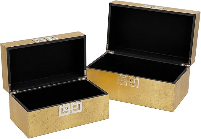 Galt International Storage Box Set Decorative Storage Box w/Hinged Lid Classic Design Wood Decor Boxes with Geometric Clasp Storage for Bedroom & Home - Set of 2 (Gold Leaf)